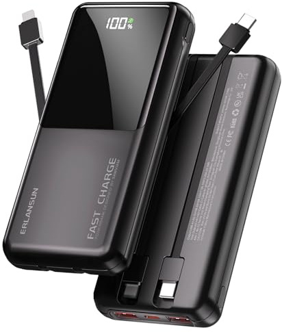 Power Bank Fast Charging 20000mAh 22.5W Portable Charger with Built-in Cables USB-C PD3.0 QC4.0 Powerbank Battery Pack with LCD Display for iPhone 17 16 15 14 13 Android and more