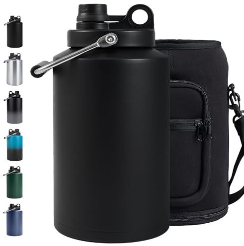 Insulated Gallon Jug with Handle, One Gallon, 128oz Stainless Steel, Large Double Vacuum Water Bottle for Cold Drinks, Wide Mouth, Sweat Proof, Carrier bag, Great for Travel, Camping, Black