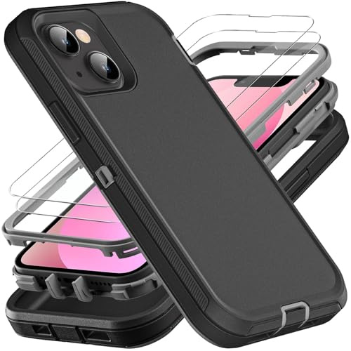 YmhxcY for iPhone 13 Mini Case, Military Grade 3 in 1 Heavy Duty Shockproof/Drop Proof/Dust Proof Case with 2Pcs Tempered Glass Screen Protector (Black/Grey)