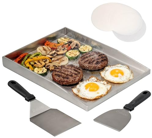 eluno Plancha Grillplatten Set inklusive 1x Plancha-Platte, 1x Grillwender, 1x Grillspachtel und 20x Burgerpapier - ideal geeignet für Burger, Fleisch, Gemüse, Fisch uvm. aus rostfreiem Edelstahl