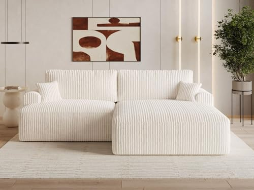 GRAINGOLD Serene L Ecksofa modern mit Bettfunktion, 259x145 cm, L-Form Sofa, Schlafcouch für Wohnzimmer, Cord-Stoff, 3-Sitzer Eckcouch, Ecksofa mit Bettkasten (Creme, Rechts)
