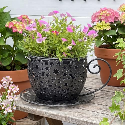 EcoGleam Metal Teacup Flower Planter Vintage Hollow Floral Pattern Coffee Cup Planter Pot with Saucer Handle Garden Decor