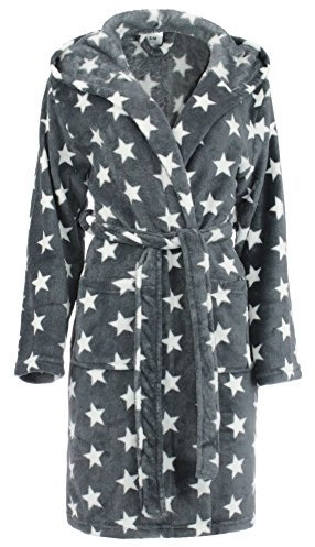 Brandsseller Accappatoio Donna con Cappuccio L/XL – In Microfibra Morbida con Motivo Stelle – Certificato Oeko-Tex – Ideale per Casa, Spa e Benessere – Grigio/Bianco