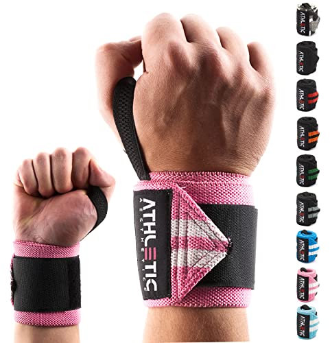 ATHLETIC AESTHETICS Handgelenk Bandagen Fitness - Wrist Wrap (45 cm im Paar) Handgelenkbandage für Krafttraining, Fitness, Bodybuilding, Crossfit - Handgelenkstütze (Pink/Weiß)