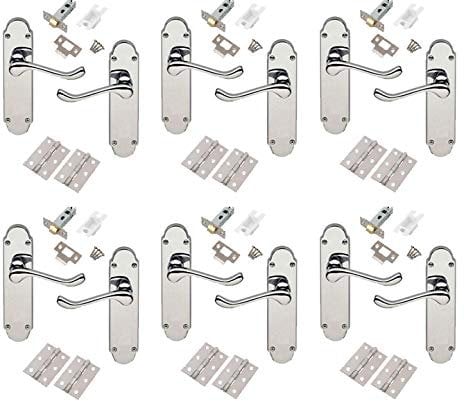 Golden Grace Epsom Design Victorian Scroll Door Handles Lever on Shaped Backplate - Latch Door Pack with Hinges & Latch - Polished Chrome, 6 Sets