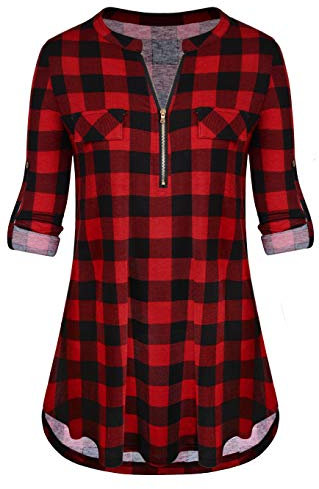 Odosalii Damen V-Ausschnitt Kariert Bluse 3/4 Ärmel Kurzarm Reißverschluss Tunika Tops Longshirt Hemd T-Shirt