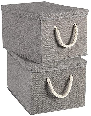 TERRA SELL Hochwertige Aufbewahrungsbox mit Deckel aus Stoff zum Falten mit weißen Seilgriffen, Kordelgriffen/Ordnungsbox/Sortierbox/Faltboxen im 2er-Set 40x30x25 cm (Grau)