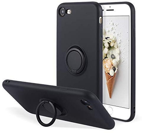 UEEBAI Case for for iPhone 7/8/SE 2022 5G/SE 2020, Ultra Slim Liquid Silicone Phone Case Ring Holder Kickstand Magnetic Car Mount Gel Rubber TPU Cover for iPhone SE3/SE2 - Black