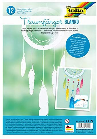 folia 219399 - Traumfänger Rohlinge aus Karton, 12 Stück vorgestanzt und unbedruckt, Traumfängerringe und Federn, zum selbst Bemalen und Verzieren