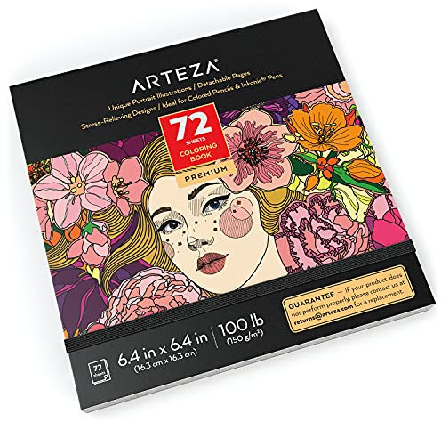 Arteza Portrait Malbuch für Erwachsene, 16.2 x 16.2 cm, Ausmalbuch mit 72 Motiven, abnehmbare 150 g/m² Blätter, schützendes Cover mit schwarzem elastischem Band, für Anti Stress und Entspannung