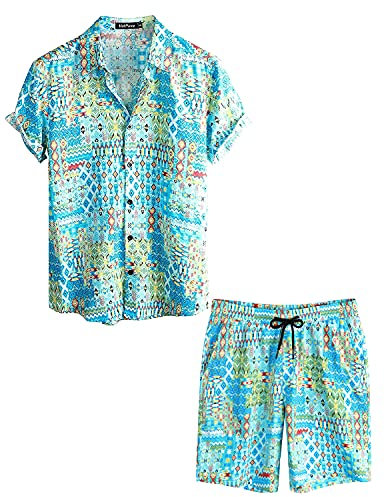 VATPAVE Herren Hawaii Hemd Blumen Sommer Outfit Männer Freizeit Kurzarm Strandhemd und Kurze Hosen 2 Teiler Set Rave Outfit 3X-Large Himmelblau