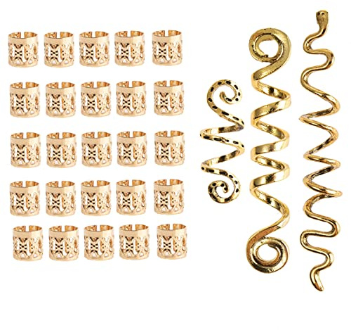 23 Stück Haarperlen, Spiralspulen, Dreadlock-Perlen, Zöpfe, Ringe, Clips, Metallmanschetten, Loc Haarschmuck, Haarwickel, Zubehör (Gold)