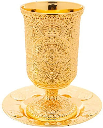 GORGEOUS BEAUTY&CARE Kiddush-Becher, vergoldet, filigraner Kelch und Teller, Holyland Judaica, 12 cm
