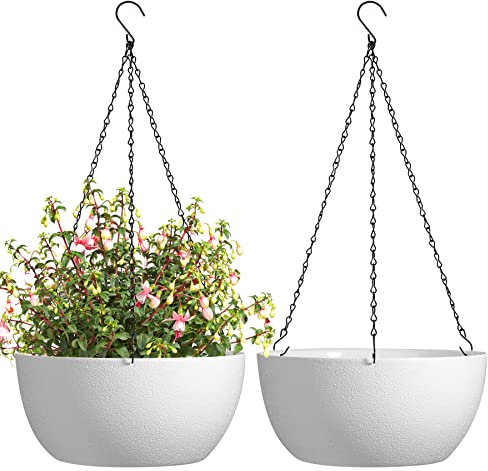 T4U 30CM (12 Inch) Hanging Plant Pots Pack of 2, White Plastic Hanging Basket Flower Holder Garden Home Decoration for Indoor Outdoor Plants, White Hanging Planter with Chain for Garden Outside