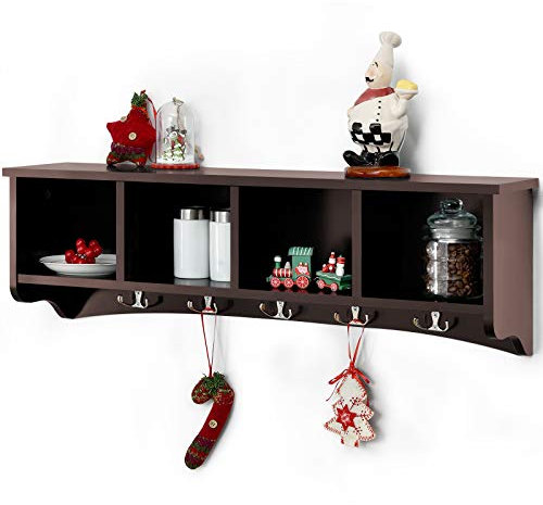 COSTWAY Wandschrank Hängeschrank Holz, Wandmontierter Garderobenständer mit 4 Aufbewahrungseinheiten und 5 Doppelhaken, Hängeregal Wandregal, Dekorationsmöbel für Bad Wohnzimmer Küche (Braun)