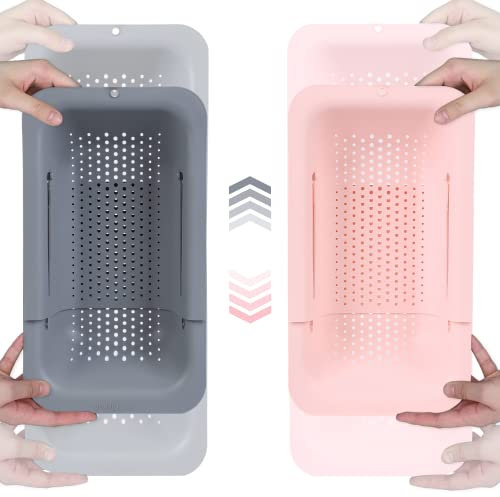 BLUE GINKGO Sink Colander Baskets - Wash Vegetables and Fruits, Drain Cooked Pasta - Extendable - Kitchen Essentials (Pack of 2) (Grey & Pink)
