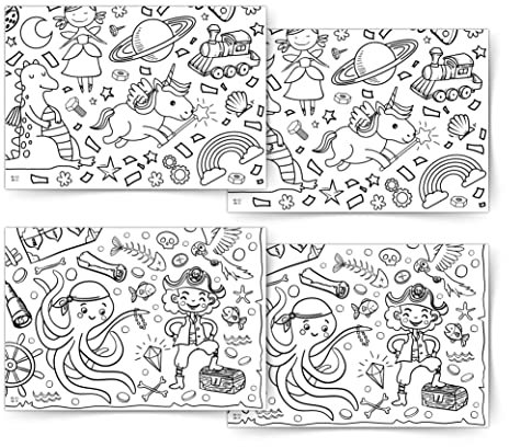Kreativpaket 4 x Ausmal-Tischdecke aus Papier, 2 Verschiedene Motive Pirat und Fantasie-Entdecker, Ausmalen Kinder, Kinderbeschäftigung Hochzeit, Kinderbeschäftigung Kindergeburtstag, Mal Mich Bunt