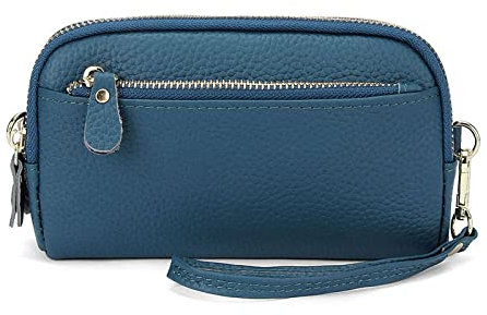 FORRICA Portefeuille Femmes Grande Cuir Véritable Pochette 3 Fermetures Éclair Porte Monnaie Dames Élégant Portefeuille pour Téléphone avec Dragonne Bleu