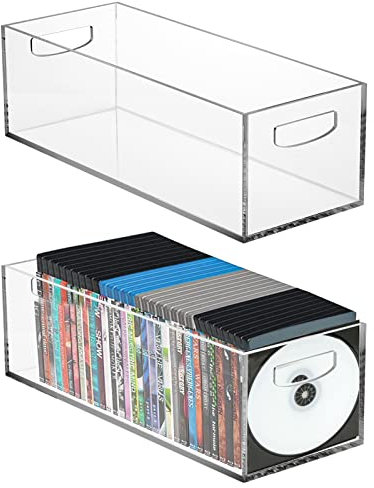 Frcctre 2 Pack Acrylic DVD/CD Storage Box, Clear DVD Holder Case with Handles, Stackable Storage Container Shelf Organizer Bin for DVDs, CDs, Video Games, Blu-ray, Books, Home, Office