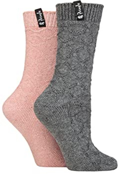 Pringle Ladies Recycled Wool Boot Socks Pack of 2 Diamond Charcoal/Pink 4-8