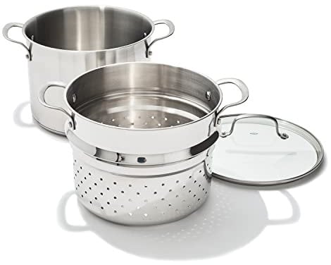 OXO Agility Series - Olla múltiple de acero inoxidable de 8.4 cuartos con inserto de vapor y tapa, apta para inducción, apta para lavavajillas, color plateado