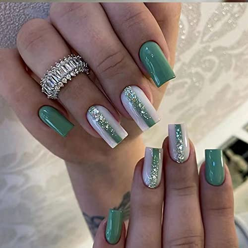 Ceboic 24 Stück Nägel Zum Aufkleben Kurz, Eckig Französische Grün Gradient Künstliche Nägel, Glossy Kunstnägel Press on Nails Acryl Stick auf Nails für Frauen und Mädchen