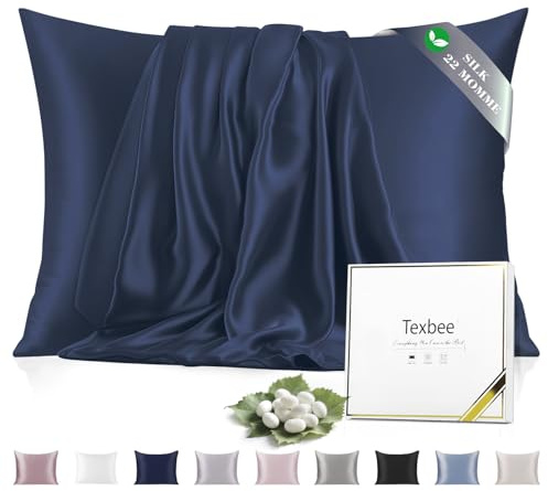 Texbee Seidenkissenbezug 40x80 Maulbeerseide für Haar und Haut, Marineblau | Beidseitige 22 Momme Naturseide für gesunde Haut & glattes Haar, mit Diskreter Reißverschluss, kühlend, atmungsaktiv, 1 Stück