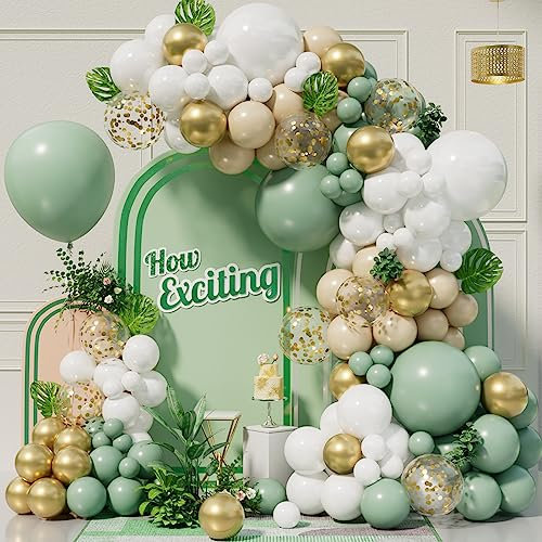 Conleke Sage Green Balloon Arch Kit, 152pcs Olive Garland with White Gold Nude Balloons Confetti for Birthday Party Jungle Safari Baby Shower Decor, Medium