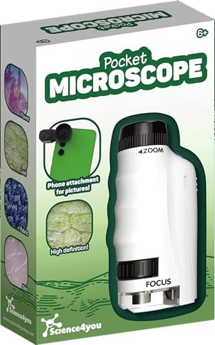 Science4you Microscope de Poche pour Enfants 6+ Ans – Petiscope Enfant Portable avec Manuel d'expériences et Outils de Laboratoire, Jouet Éducatif pour Garçons et Filles de 6 7 8 9+