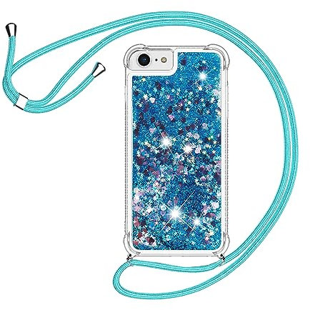 HomiTunky Handykette für iPhone 7/8/SE 2020 Hülle mit Band,Silikon Durchsichtig Transparent Flüssig Glitzer mit Kette Kordel Bumper Treibsand Necklace TPU Schutzhülle iPhone 7/8/SE 2020 Case,Blau