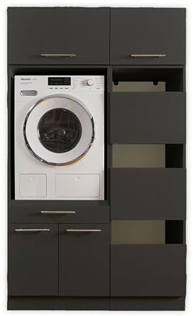 LAUNDREEZY Waschmaschinenschrank, Wäscheschrank und 2x Schrankaufsatz, Anthrazit - Waschmaschinen-Überbauschrank TÜV-zertifiziert mit viel Stauraum - 117,5 x 200 x 67,5 cm (B/H/T)