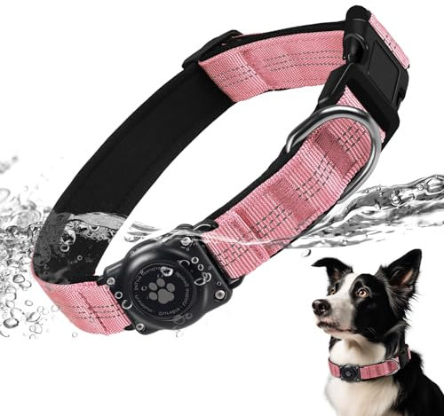 AirTag Hundehalsband, IP68 wasserdichte Integriertes Apple Air Tag Halter Hundehalsband mit AirTag Halter, Reflektierend, Besonders haltbar, Hundehalsbänder für mittlere große Hunde [Rosa,S]