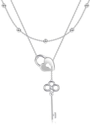 HUKKUN Lock and Key Lariat Layered Necklaces Sterling Silver Lock and Key Pendant Y Necklace Jewellery Gifts for Women