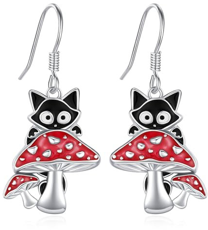 Eusense Katze Ohrringe Katze Pilz Ohrringe 925 Sterling Silber Pilz Dangle Drop Ohrringe Schmuck Geschenk für Katzenliebhaber Frauen Mädchen