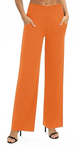 EXCHIC Damen Leichtgewicht Elastisch Hohe Taille Hose Casual Weite Bein Dehnbar Lounge Hosen mit Taschen (XL, Orange)