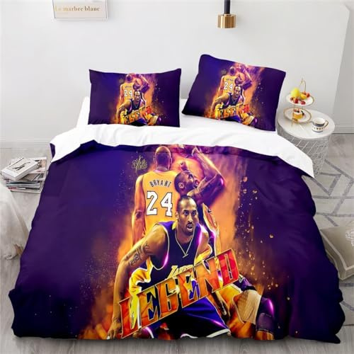 Tanacc 3D Drucken Lakers Bettwäsche Set 135x200,Microfaser Einzelbett 1 Bettbezug Mit Reißverschluss + 1 Kissenbezüge 80x80