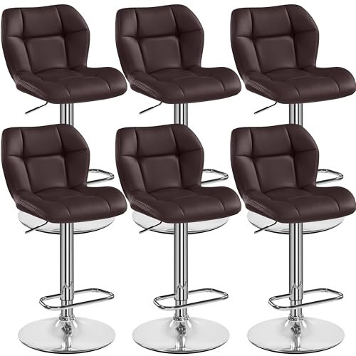 Yaheetech Barhocker 6er Set Höhenverstellbar 360°Drehbar Barstühle Küchenstühle mit Rückenlehne und Fußstütze, Barstuhl PU-Kunstleder Sitzhöhe 62,5 cm - 84,5 cm für die Küche, Braun
