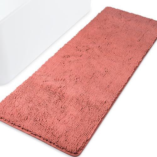 Yeaban Badezimmerläufer, 61 x 183 cm, rutschfest, dicke Chenille, lange Badematte, waschbar und saugfähig, extra großer Badteppich, Plüschläufer für Badezimmer, Dusche, Waschbecken - (Koralle)