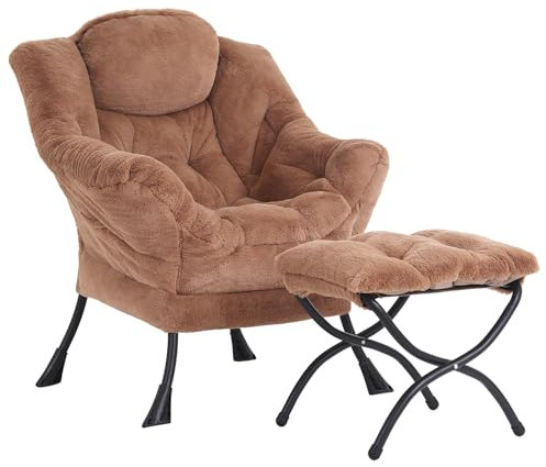YOTATING Comfy Armchair with Footstool, Lazy Chair with Ottoman Leisure Accent Chair Relax Lounge Chair with Armrests & Side Pocket for Living Room, Bedroom & Small Spaces Armchair, Plush Brown