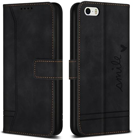 Bravoday Hülle für iPhone SE 2016 / iPhone 5s / iPhone 5, PU Ledertasche Handyhülle mit Kartenfäch & Kickstand, Flip Schutzhülle Kompatibel mit iPhone SE 2016 / iPhone 5s / iPhone 5, Schwarz