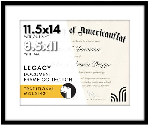 Americanflat 11.5x14 Diploma Frame in Black - Displays 8.5x11 Diplomas with Mat or Use as 11.5x14 Frame Without Mat - Document Frame with Polished Plexiglass Front and Wall Hanging Hardware for Wall