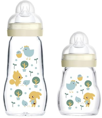 MAM Feel Good Biberon en Verre Lot de 2 (170 ml & 260 ml), avec tétine 1 Débit Lent pour Nouveau-né, Mixte