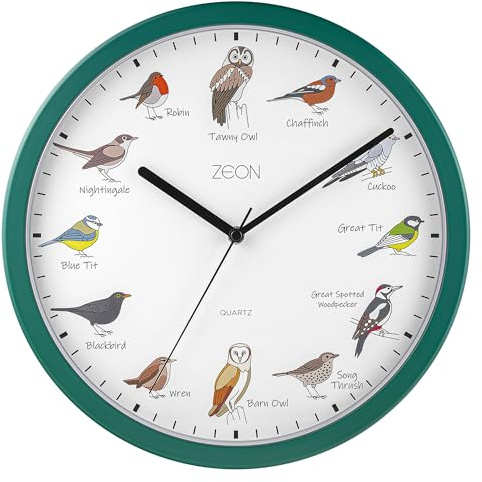 ZEON Birdsong CE4558 analoge Wanduhr mit stündlichen Vogelstimmen grün 29,5 cm