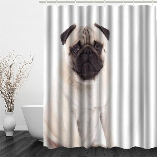 MEVASA Duschvorhang 180x200 Mops Duschvorhang mit 12 Ring 3D Motiv Wasserdicht Duschvorhang Textil Tiere Hunde Badezimmer Vorhänge Hohe Qualität