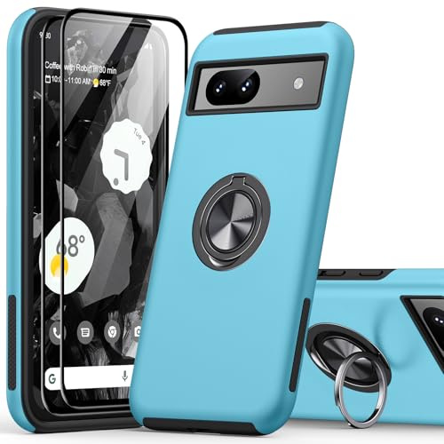 KOVASIA for Google Pixel 8A Case with 2-Pack Screen Protector, 360° Rotating Metal Ring Stand Anti-Scratch Shockproof Phone Cover 3-in-1 Set Phone Case for Google Pixel 8A 6.1, Light Blue