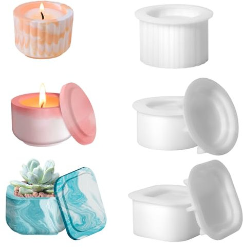 Votoko 3 stampi in silicone per candele, portacandele in silicone, con coperchio, per candele, rotondi, quadrati, per porta candele, vasi di cemento, per calcestruzzo, candele fai da te