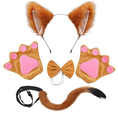 SAIIURV 4 Stück Kostüm Fuchs für Kinder Erwachsene, Fuchsohren Stirnband Fuchsschwanz Fuchs Pfoten Handschuhe Fliege, Fuchs Cosplay für Karneval Halloween Tierkostüm Fuchs Ohren Tier Cosplay