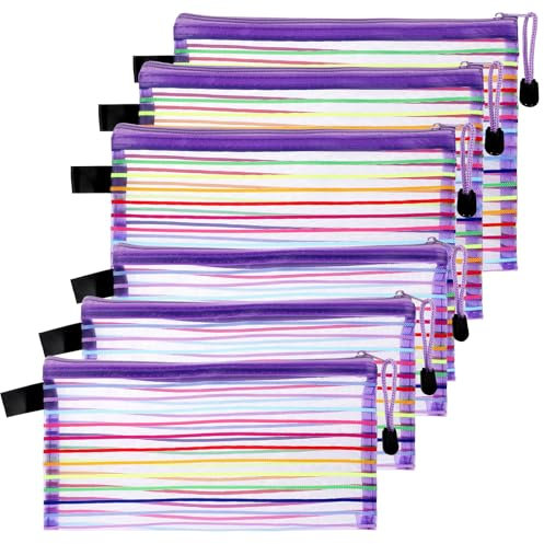 6 Pcs Mesh Pouch Mesh Bags with Zipper Mesh Cosmetic Bags Plastic Zip Pouch Nylon Makeup Bag Purse Organizer Bags Travel Organizer Case for Office Supplies Home Travel Two Size Purple
