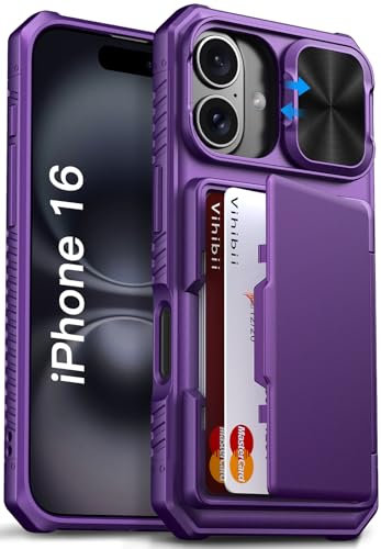 Vihibii for iPhone 16 Case Wallet with Card Holder (4 Cards) [RFID Blocking] & Slide Camera Cover, Military Grade Drop Protection, Hard Back & Silicone Edge Phone Case, 6.1 2024, Dark Purple
