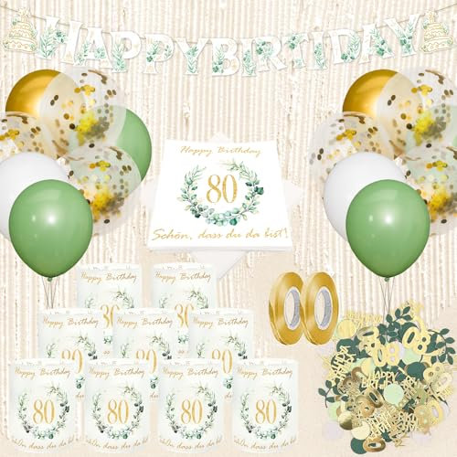80. Geburtstag Deko Set - Servietten, Windlicht Tischdeko, Konfetti, Luftballons und Girlande - Geschenke für Frau und Mann
